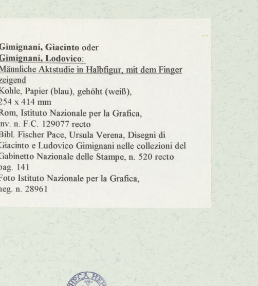 Rückseite von Istituto Nazionale per la Grafica [https://www.deutsche-digitale-bibliothek.de/content/lizenzen/rv-ez/] Männliche Aktstudie in Halbfigur, mit dem Finger zeigend - , bh464427_recto. Foto.
