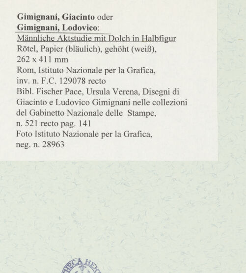 Rückseite von Istituto Nazionale per la Grafica [https://www.deutsche-digitale-bibliothek.de/content/lizenzen/rv-ez/] Männliche Aktstudie mit Dolch in Halbfigur - , bh464460_recto. Foto.