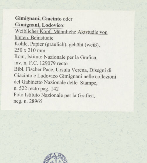 Rückseite von Istituto Nazionale per la Grafica [https://www.deutsche-digitale-bibliothek.de/content/lizenzen/rv-ez/] Weiblicher Kopf. Männliche Aktstudie von hinten. Beinstudie - , bh464461_recto. Foto.