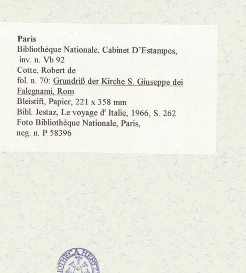 Rückseite von Bibliothèque Nationale, Paris [https://www.deutsche-digitale-bibliothek.de/content/lizenzen/rv-ez/] Grundriss der Kirche San Giuseppe dei Falegnami, Rom - , bh464614_recto. Foto.