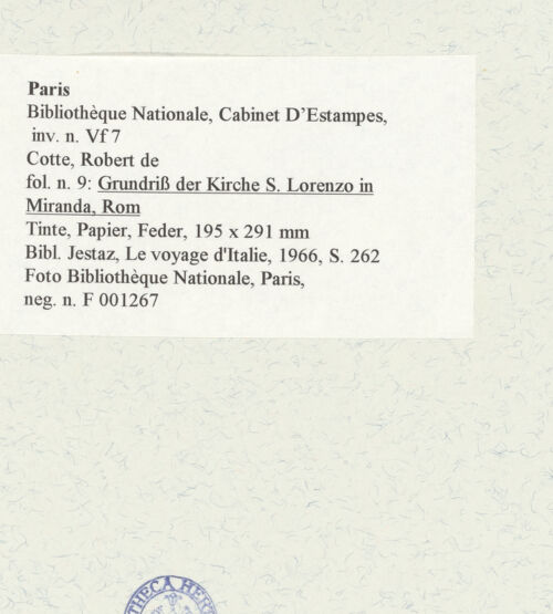 Rückseite von Bibliothèque Nationale, Paris [https://www.deutsche-digitale-bibliothek.de/content/lizenzen/rv-ez/] Grundriss der Kirche San Lorenzo in Miranda, Rom - , bh464616_recto. Foto.