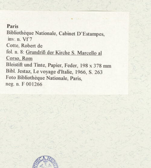 Rückseite von Bibliothèque Nationale, Paris [https://www.deutsche-digitale-bibliothek.de/content/lizenzen/rv-ez/] Grundriss der Kirche San Marcello al Corso, Rom - , bh464617_recto. Foto.