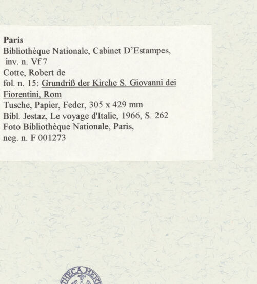 Rückseite von Bibliothèque Nationale, Paris [https://www.deutsche-digitale-bibliothek.de/content/lizenzen/rv-ez/] Grundriss der Kirche San Giovanni dei Fiorentini, Rom - , bh464620_recto. Foto.