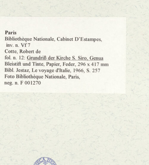 Rückseite von Bibliothèque Nationale, Paris [https://www.deutsche-digitale-bibliothek.de/content/lizenzen/rv-ez/] Grundriss der Kirche San Siro, Genua - , bh464623_recto. Foto.