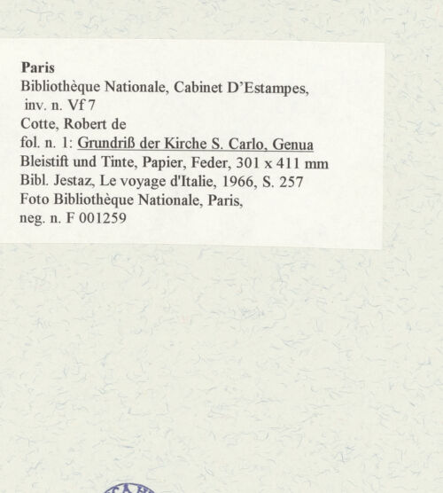 Rückseite von Bibliothèque Nationale, Paris [https://www.deutsche-digitale-bibliothek.de/content/lizenzen/rv-ez/] Grundriss der Kirche San Carlo, Genua - , bh464628_recto. Foto.