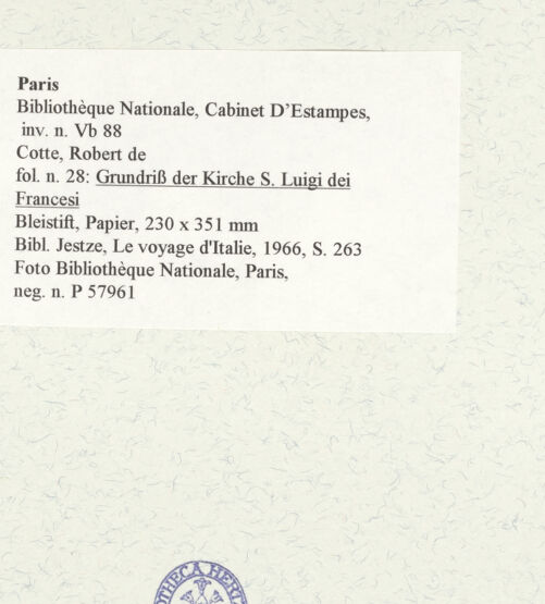 Rückseite von Bibliothèque Nationale, Paris [https://www.deutsche-digitale-bibliothek.de/content/lizenzen/rv-ez/] Grundriss der Kirche San Luigi dei Francesi - , bh464629_recto. Foto.
