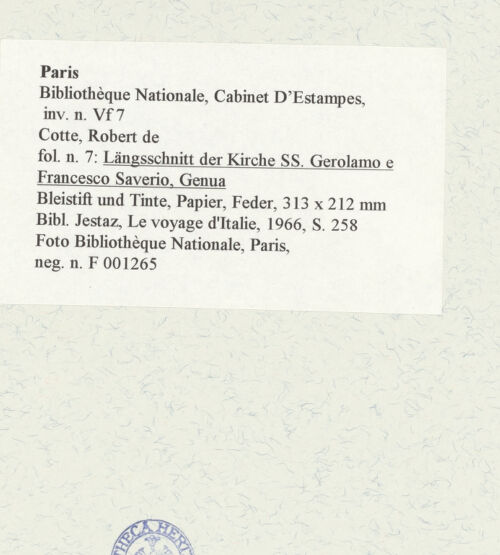 Rückseite von Bibliothèque Nationale, Paris [https://www.deutsche-digitale-bibliothek.de/content/lizenzen/rv-ez/] Längsschnitt der Kirche Santi Gerolamo e Francesco Saverio, Genua - , bh464631_recto. Foto.