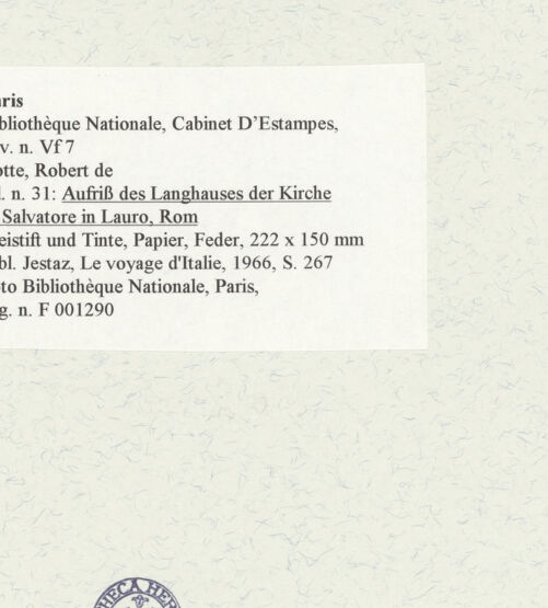 Rückseite von Bibliothèque Nationale, Paris [https://www.deutsche-digitale-bibliothek.de/content/lizenzen/rv-ez/] Aufriss des Langhauses der Kirche San Salvatore in Lauro, Rom - , bh464633_recto. Foto.