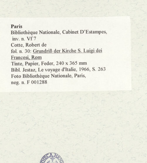 Rückseite von Bibliothèque Nationale, Paris [https://www.deutsche-digitale-bibliothek.de/content/lizenzen/rv-ez/] Grundriss der Kirche San Luigi dei Francesi, Rom - , bh464634_recto. Foto.