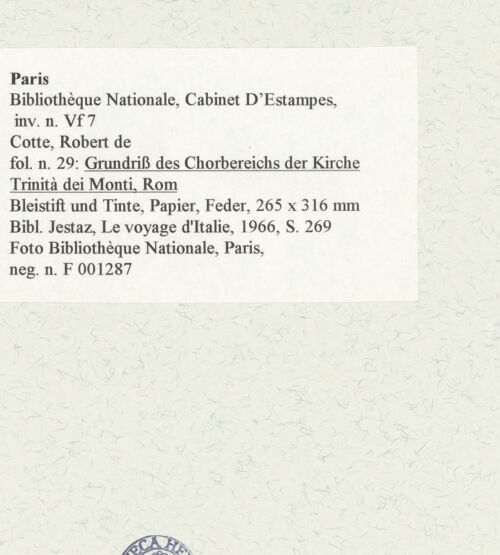 Rückseite von Bibliothèque Nationale, Paris [https://www.deutsche-digitale-bibliothek.de/content/lizenzen/rv-ez/] Grundriss des Chorbereichs der Kirche Trinità dei Monti, Rom - , bh464635_recto. Foto.