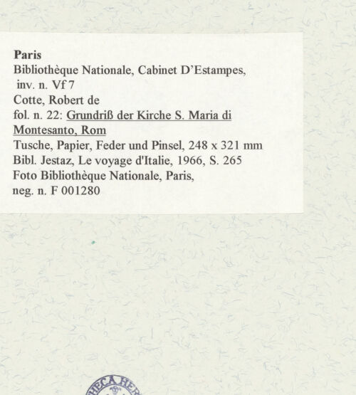 Rückseite von Bibliothèque Nationale, Paris [https://www.deutsche-digitale-bibliothek.de/content/lizenzen/rv-ez/] Grundriss der Kirche Santa Maria di Montesanto, Rom - , bh464637_recto. Foto.