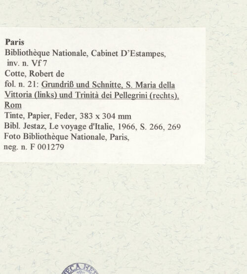 Rückseite von Bibliothèque Nationale, Paris [https://www.deutsche-digitale-bibliothek.de/content/lizenzen/rv-ez/] Grundriss und Schnitte, Santa Maria della Vittoria (links) und Trinità dei Pellegrini (rechts), Rom - , bh464638_recto. Foto.