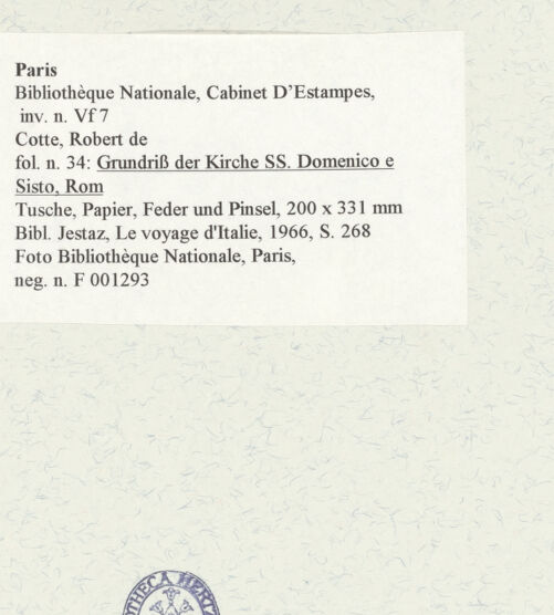 Rückseite von Bibliothèque Nationale, Paris [https://www.deutsche-digitale-bibliothek.de/content/lizenzen/rv-ez/] Grundriss der Kirche Santi Domenico e Sisto, Rom - , bh464645_recto. Foto.