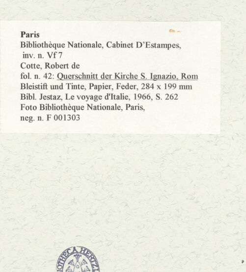 Rückseite von Bibliothèque Nationale, Paris [https://www.deutsche-digitale-bibliothek.de/content/lizenzen/rv-ez/] Querschnitt der Kirche Sant'Ignazio, Rom - , bh464652_recto. Foto.