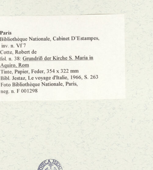 Rückseite von Bibliothèque Nationale, Paris [https://www.deutsche-digitale-bibliothek.de/content/lizenzen/rv-ez/] Grundriss der Kirche Santa Maria in Aquiro, Rom - , bh464656_recto. Foto.