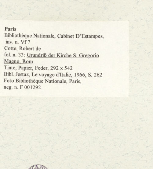 Rückseite von Bibliothèque Nationale, Paris [https://www.deutsche-digitale-bibliothek.de/content/lizenzen/rv-ez/] Grundriss der Kirche San Gregorio Magno, Rom - , bh464658_recto. Foto.