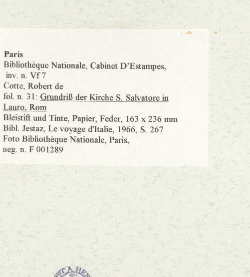 Rückseite von Bibliothèque Nationale, Paris [https://www.deutsche-digitale-bibliothek.de/content/lizenzen/rv-ez/] Grundriss der Kirche San Salvatore in Lauro, Rom - , bh464660_recto. Foto.