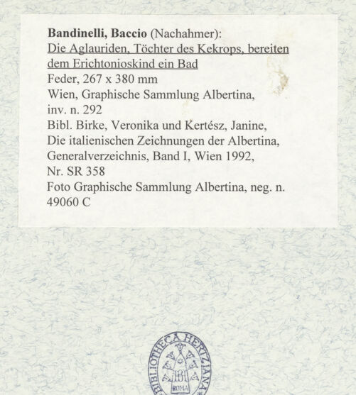 Rückseite von Graphische Sammlung Albertina [https://www.deutsche-digitale-bibliothek.de/content/lizenzen/rv-ez/] Die Aglauriden, Töchter des Kekrops, bereiten dem Erichtonioskind ein Bad - , bh464904_recto. Foto.