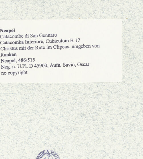 Rückseite von Bibliotheca Hertziana [https://www.deutsche-digitale-bibliothek.de/content/lizenzen/rv-fz/] Christus mit der Rute im Clipeus, umgeben von Ranken - Teilansicht, bh464959_recto. Foto: Savio, Oscar.