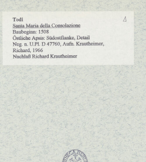 Rückseite von Bibliotheca Hertziana [https://www.deutsche-digitale-bibliothek.de/content/lizenzen/rv-fz/] Santa Maria della ConsolazioneOstapsis - Südostflanke, Detail, bh465536_recto. Foto: Krautheimer, Richard.