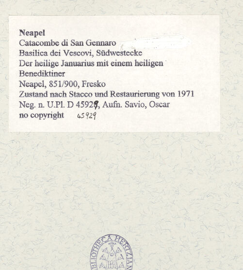 Rückseite von Bibliotheca Hertziana [https://www.deutsche-digitale-bibliothek.de/content/lizenzen/rv-fz/] Der heilige Januarius mit einem heiligen Benediktiner - Detail: Heiligen, bh465780_recto. Foto: Savio, Oscar.