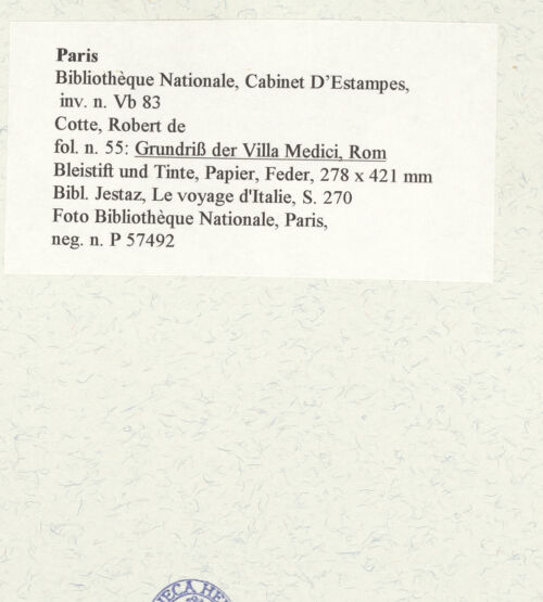 Rückseite von Bibliothèque Nationale, Paris [https://www.deutsche-digitale-bibliothek.de/content/lizenzen/rv-ez/] Grundriss der Villa Medici, Rom - , bh465854_recto. Foto.