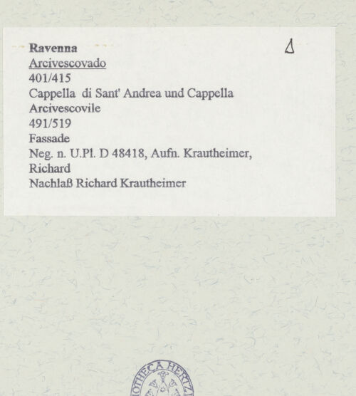 Rückseite von Bibliotheca Hertziana [https://www.deutsche-digitale-bibliothek.de/content/lizenzen/rv-fz/] ArcivescovadoCappella di Sant'Andrea - Fassade der Kapelle, Teilansicht von Südosten, bh465865_recto. Foto: Krautheimer, Richard.