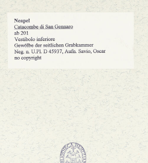 Rückseite von Bibliotheca Hertziana [https://www.deutsche-digitale-bibliothek.de/content/lizenzen/rv-fz/] Catacombe di San GennaroVestibolo Inferiore - Gewölbe der seitlichen Grabkammer, bh465895_recto. Foto: Savio, Oscar.