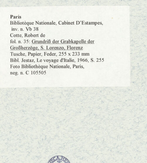 Rückseite von Bibliothèque Nationale, Paris [https://www.deutsche-digitale-bibliothek.de/content/lizenzen/rv-ez/] Grundriss der Grabkapelle der Großherzöge, San Lorenzo, Florenz - , bh465908_recto. Foto.