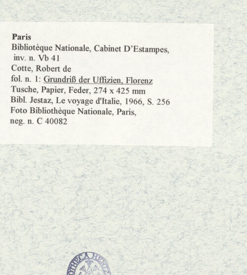 Rückseite von Bibliothèque Nationale, Paris [https://www.deutsche-digitale-bibliothek.de/content/lizenzen/rv-ez/] Grundriss der Uffizien, Florenz - , bh465914_recto. Foto.