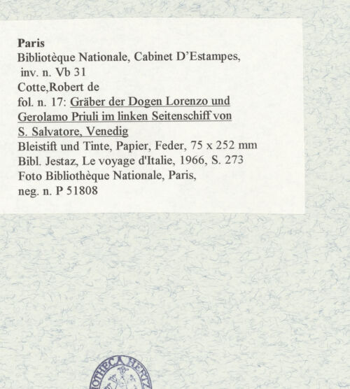 Rückseite von Bibliothèque Nationale, Paris [https://www.deutsche-digitale-bibliothek.de/content/lizenzen/rv-ez/] Gräber der Dogen Lorenzo und Gerolamo Priuli im linken Seitenschiff von San Salvatore, Venedig - , bh465925_recto. Foto.