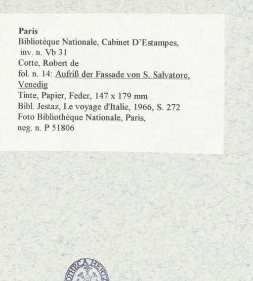 Rückseite von Bibliothèque Nationale, Paris [https://www.deutsche-digitale-bibliothek.de/content/lizenzen/rv-ez/] Aufriss der Fassade von San Salvatore, Venedig - , bh465927_recto. Foto.