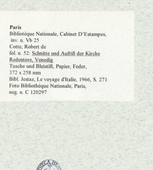 Rückseite von Bibliothèque Nationale, Paris [https://www.deutsche-digitale-bibliothek.de/content/lizenzen/rv-ez/] Schnitte und Aufriss der Kirche Redentore, Venedig - , bh465931_recto. Foto.
