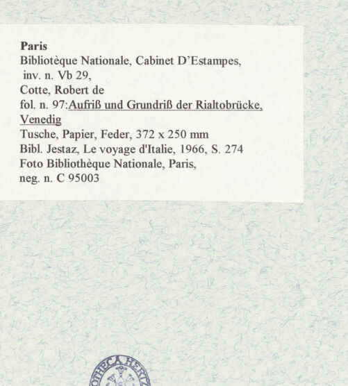 Rückseite von Bibliothèque Nationale, Paris [https://www.deutsche-digitale-bibliothek.de/content/lizenzen/rv-ez/] Aufriss und Grundriss der Rialtobrücke, Venedig - , bh465935_recto. Foto.