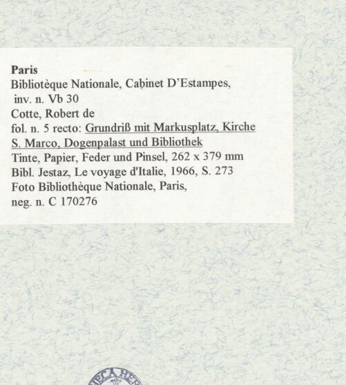 Rückseite von Bibliothèque Nationale, Paris [https://www.deutsche-digitale-bibliothek.de/content/lizenzen/rv-ez/] Grundriss mit Markusplatz, Kirche San Marco, Dogenpalast und Bibliothek - , bh465938_recto. Foto.