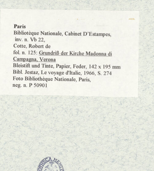 Rückseite von Bibliothèque Nationale, Paris [https://www.deutsche-digitale-bibliothek.de/content/lizenzen/rv-ez/] Grundriss der Kirche Madonna di Campagna, Verona - , bh465940_recto. Foto.