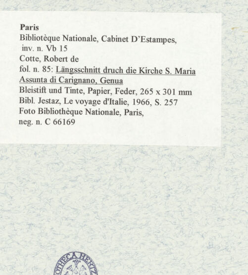 Rückseite von Bibliothèque Nationale, Paris [https://www.deutsche-digitale-bibliothek.de/content/lizenzen/rv-ez/] Längsschnitt durch die Kirche Santa Maria Assunta di Carignano, Genua - , bh465941_recto. Foto.