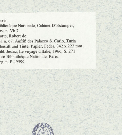 Rückseite von Bibliothèque Nationale, Paris [https://www.deutsche-digitale-bibliothek.de/content/lizenzen/rv-ez/] Aufriss des Palazzo di San Carlo, Turin - , bh465943_recto. Foto.