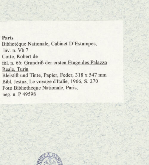 Rückseite von Bibliothèque Nationale, Paris [https://www.deutsche-digitale-bibliothek.de/content/lizenzen/rv-ez/] Grundriss der ersten Etage des Palazzo Reale, Turin - , bh465944_recto. Foto.