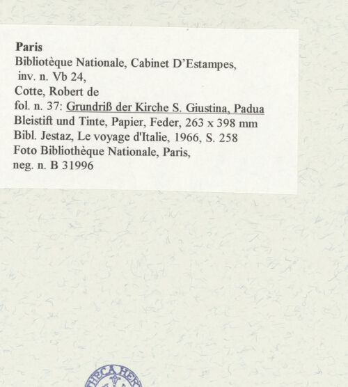 Rückseite von Bibliothèque Nationale, Paris [https://www.deutsche-digitale-bibliothek.de/content/lizenzen/rv-ez/] Grundriss der Kirche Santa Giustina, Padua - , bh465945_recto. Foto.