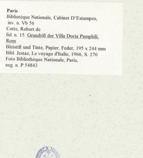 Rückseite von Bibliothèque Nationale, Paris [https://www.deutsche-digitale-bibliothek.de/content/lizenzen/rv-ez/] Grundriss der Villa Doria Pamphilj, Rom - , bh466074_recto. Foto.