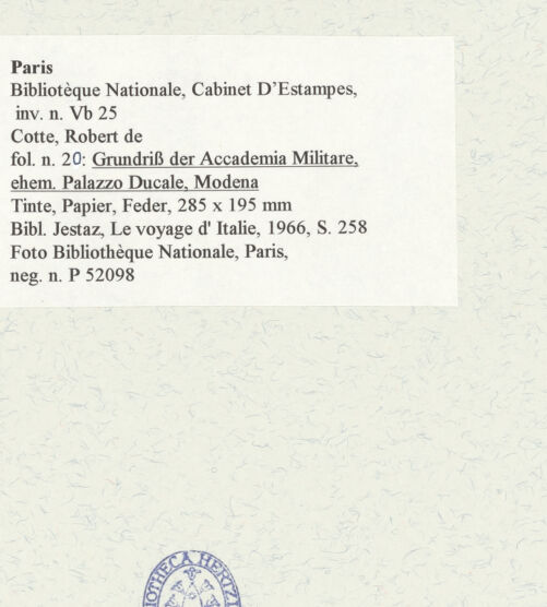 Rückseite von Bibliothèque Nationale, Paris [https://www.deutsche-digitale-bibliothek.de/content/lizenzen/rv-ez/] Grundriss der Accademia Militare, ehemals Palazzo Ducale, Modena - , bh466077_recto. Foto.