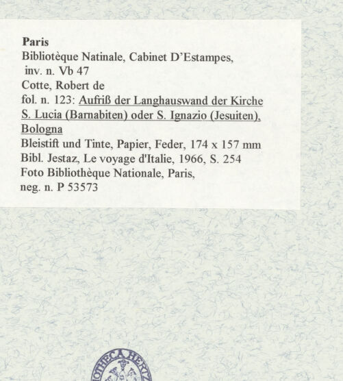Rückseite von Bibliothèque Nationale, Paris [https://www.deutsche-digitale-bibliothek.de/content/lizenzen/rv-ez/] Aufriss der Langhauswand der Kirche Santa Lucia oder Sant'Ignazio, Bologna - , bh466092_recto. Foto.