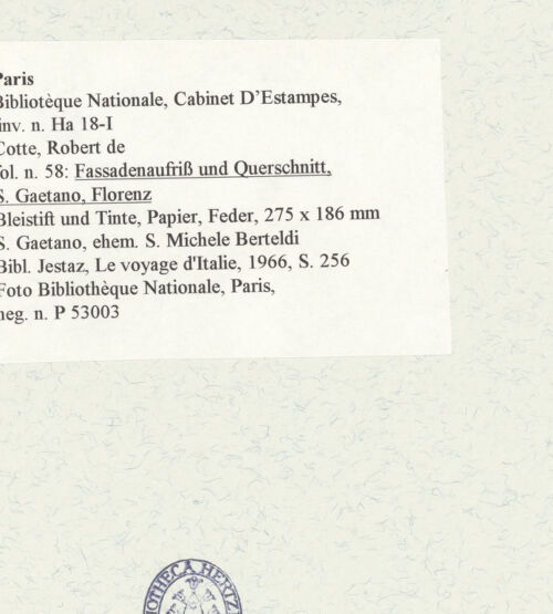 Rückseite von Bibliothèque Nationale, Paris [https://www.deutsche-digitale-bibliothek.de/content/lizenzen/rv-ez/] Fassadenaufriss und Querschnitt, San Gaetano, Florenz - , bh466097_recto. Foto.