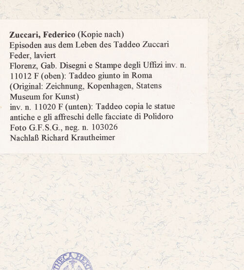 Rückseite von Sopr. Gall. Firenze [https://www.deutsche-digitale-bibliothek.de/content/lizenzen/rv-ez/] Episoden aus dem Leben des Taddeo ZuccariTaddeo copia le statue antiche e gli affreschi delle facciate di Polidoro - oben U 11012 F, bh466220_recto. Foto.