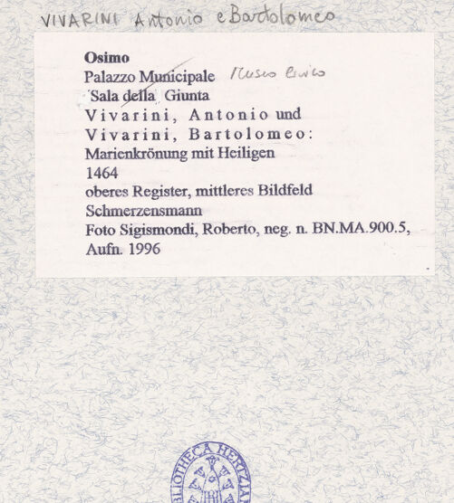 Rückseite von Sigismondi, Roberto [https://www.deutsche-digitale-bibliothek.de/content/lizenzen/rv-fz/] Marienkrönung mit HeiligenOberes Register, mittleres Bildfeld: Schmerzensmann - , bh466470_recto. Foto: Sigismondi, Roberto.