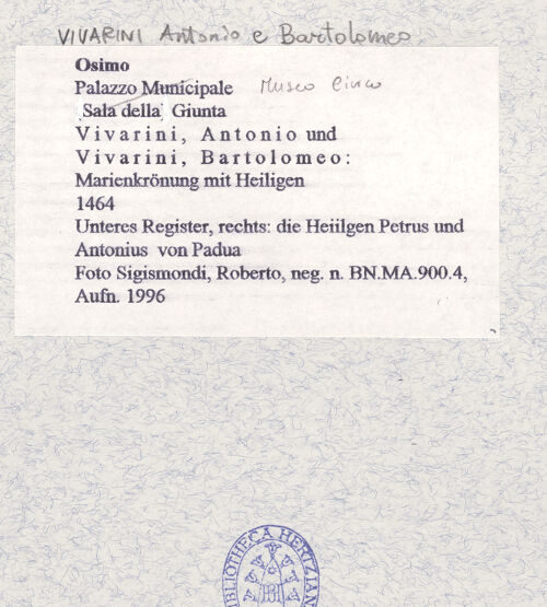 Rückseite von Sigismondi, Roberto [https://www.deutsche-digitale-bibliothek.de/content/lizenzen/rv-fz/] Marienkrönung mit Heiligen - Unteres Register, rechts: die Heiilgen Petrus und Antonius von Padua, bh466471_recto. Foto: Sigismondi, Roberto.