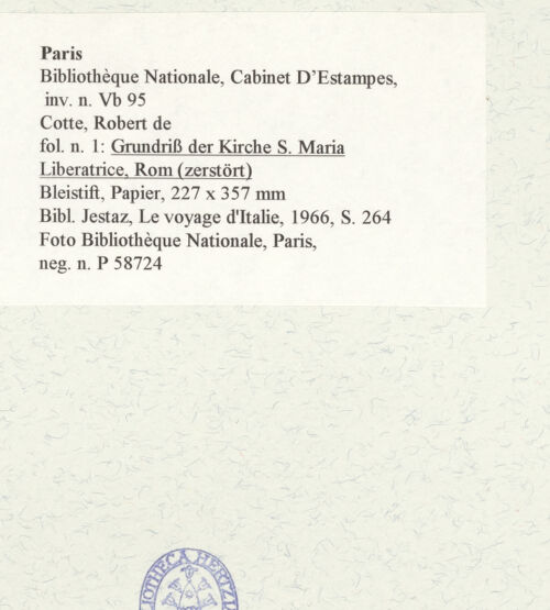 Rückseite von Bibliothèque Nationale, Paris [https://www.deutsche-digitale-bibliothek.de/content/lizenzen/rv-ez/] Grundriss der Kirche Santa Maria Liberatrice, Rom (zerstört) - , bh466548_recto. Foto.