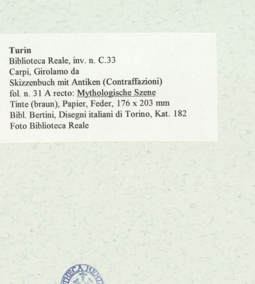 Rückseite von Biblioteca Reale [https://www.deutsche-digitale-bibliothek.de/content/lizenzen/rv-ez/] Skizzenbuch mit Antiken (Contraffazioni)Mythologische Szene - , bh466592_recto. Foto.