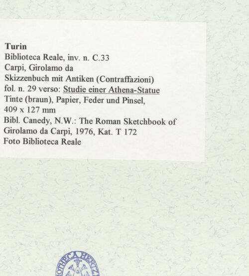 Rückseite von Biblioteca Reale [https://www.deutsche-digitale-bibliothek.de/content/lizenzen/rv-ez/] Skizzenbuch mit Antiken (Contraffazioni)Studie einer Athena-Statue - , bh466612_recto. Foto.